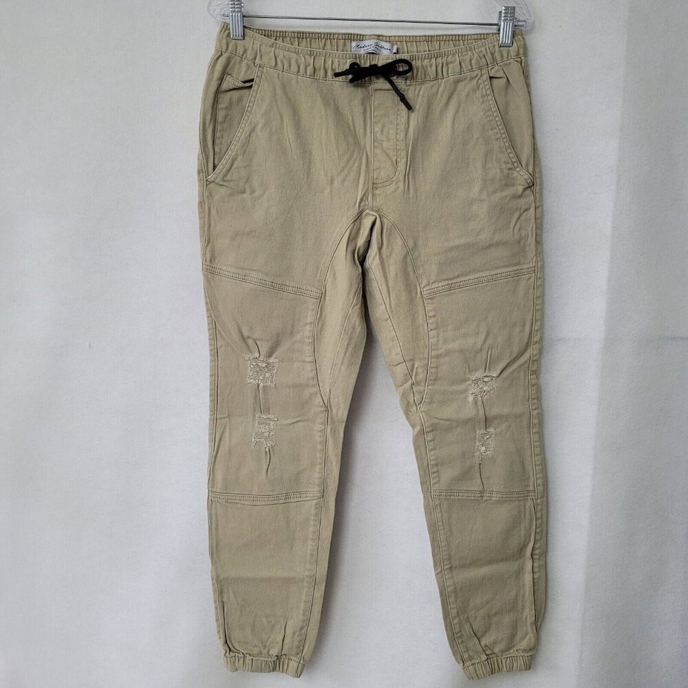 Modern Culture Jogger Mens S‎ Khaki Busted Knee Distressed Elastic Tie Waist